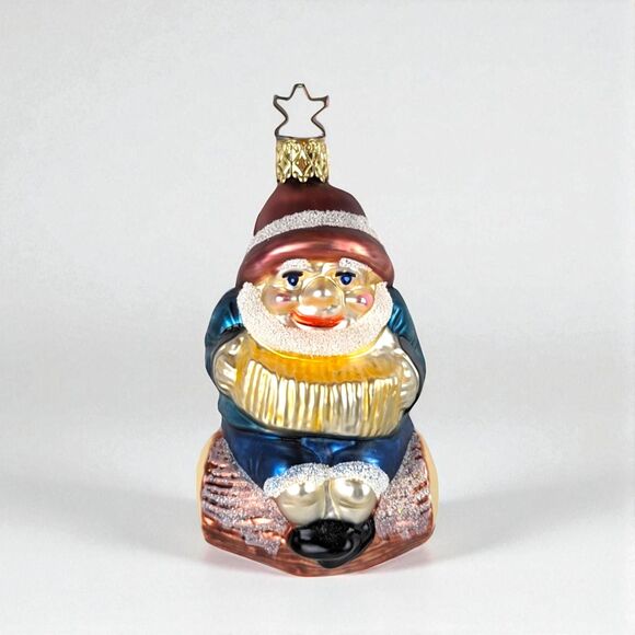 Vintage Merck Family Glass Gnome Ornament: German Blown Glass on Log - Picture 1 of 5